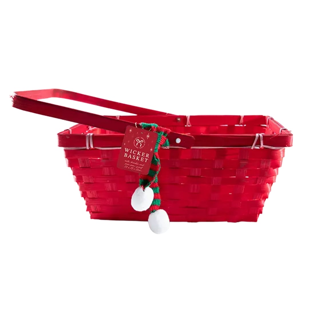 Red Christmas Woven Wicker Basket with Handle and Pom Pom Scarf 28cm