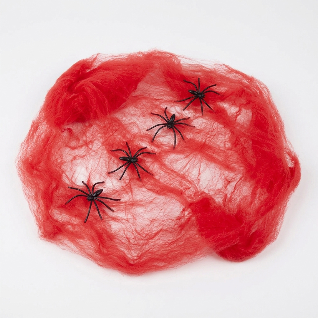 Red Cobweb with Plastic Spiders Halloween Decoration 60g