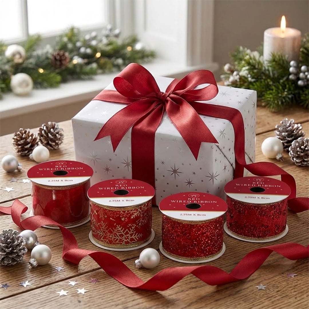 Red Decorative Christmas Wired Ribbon Reel 2.75m View 2