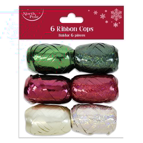Red, Green & Cream Metallic Ribbon Cops - Pack of 6