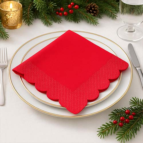 Red Scalloped Paper Luncheon Napkins 33cm 2 Ply - Pack of 16