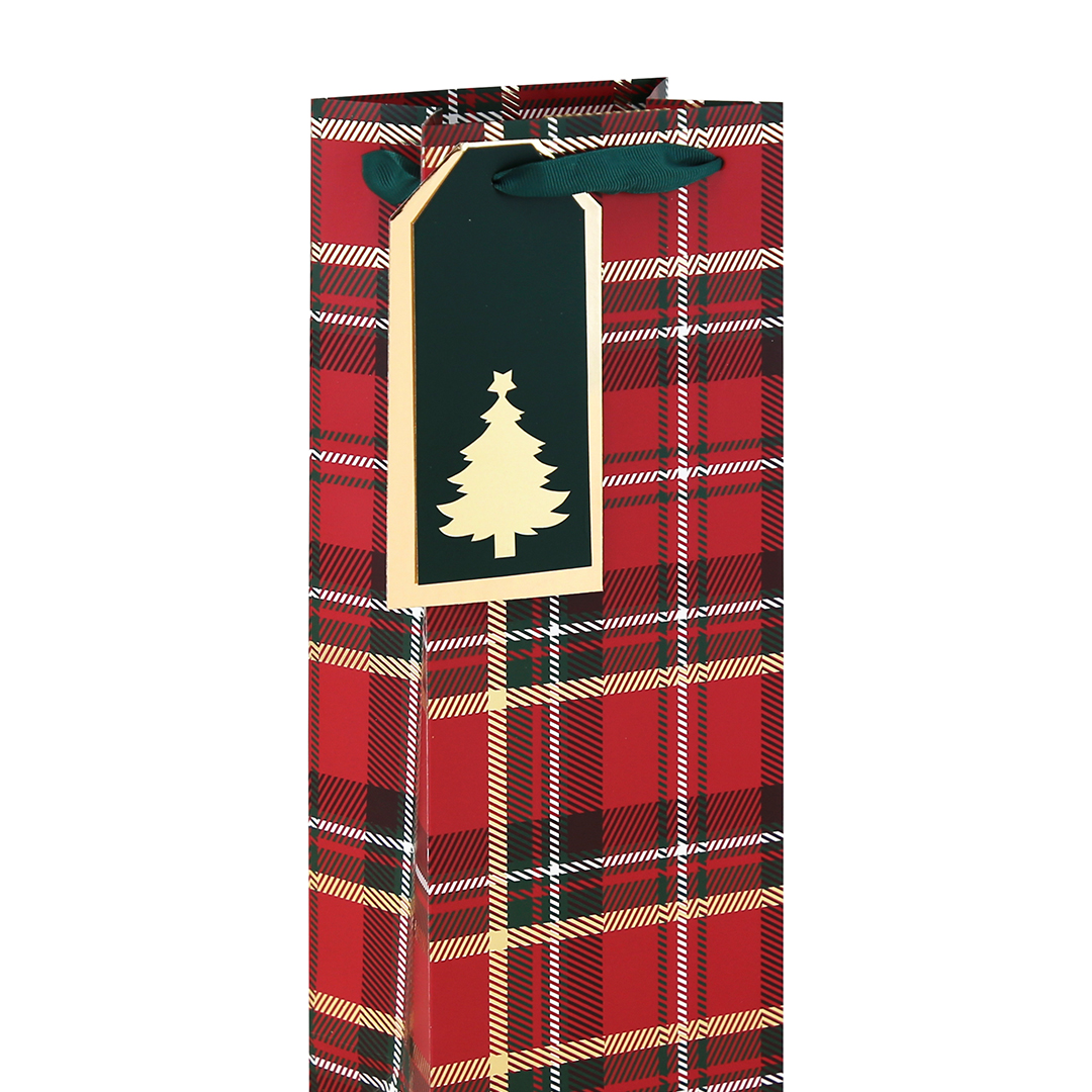 Red Tartan Christmas Bottle Gift Bag 35cm Product Gallery Image