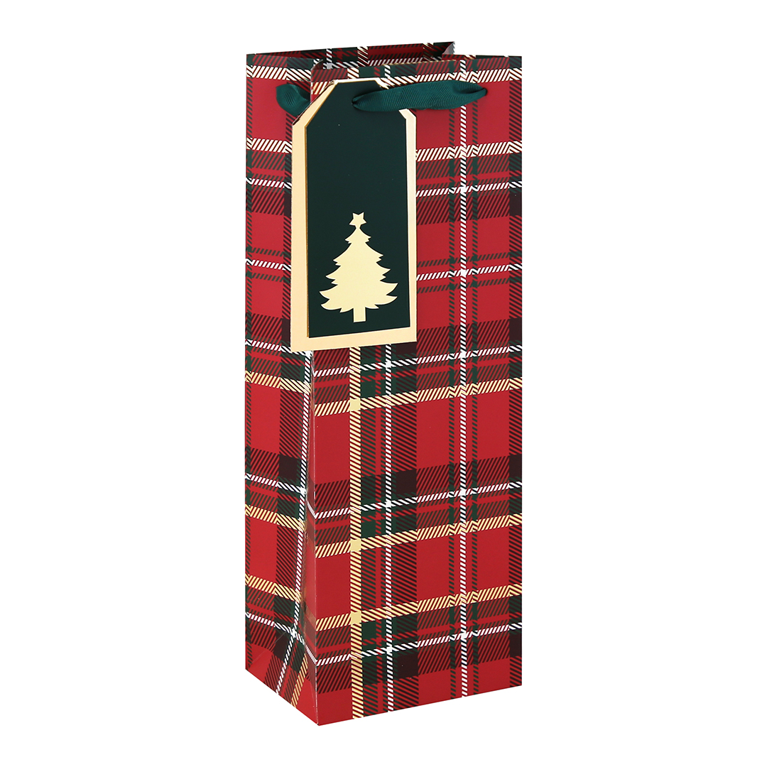 Red Tartan Christmas Bottle Gift Bag 35cm