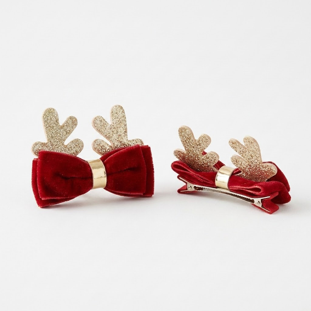 Red Velvet Bow with Glittery Gold Reindeer Antlers Christmas Hair Clips - Pack of 2