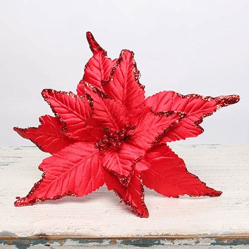 Red Velvet Poinsettia with Glitter Detail Large Christmas Pick Decoration 36cm Product Image