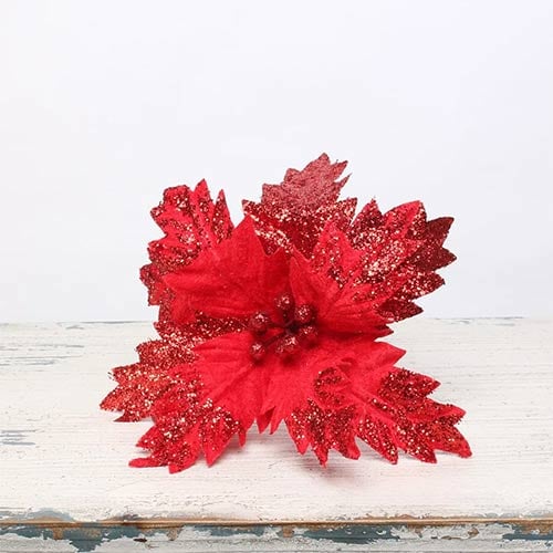Red Velvet Poinsettia with Glitter Detail Medium Christmas Pick Decoration 35cm Product Image