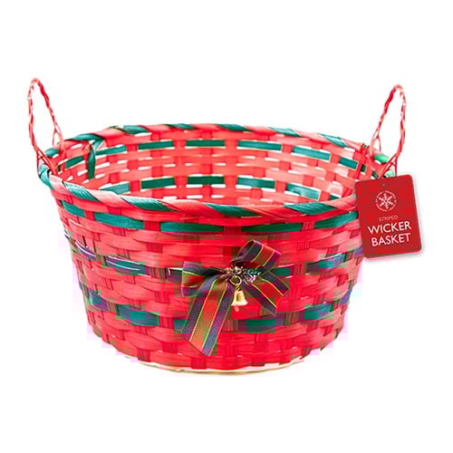 Red with Forest Green Detail Christmas Wicker Basket with Handles & Bell 30cm