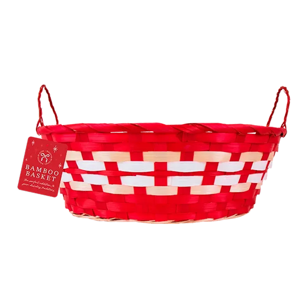 Red with Natural & White Details Woven Oval Bamboo Christmas Basket with Handles 33cm