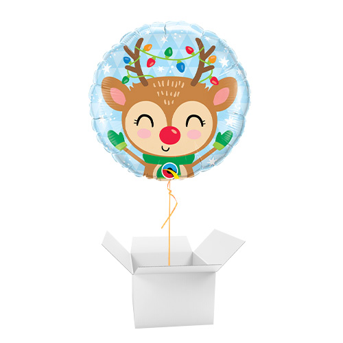 Reindeer & Coloured Lights Christmas Round Foil Helium Balloon - Inflated Balloon in a Box Product Gallery Image