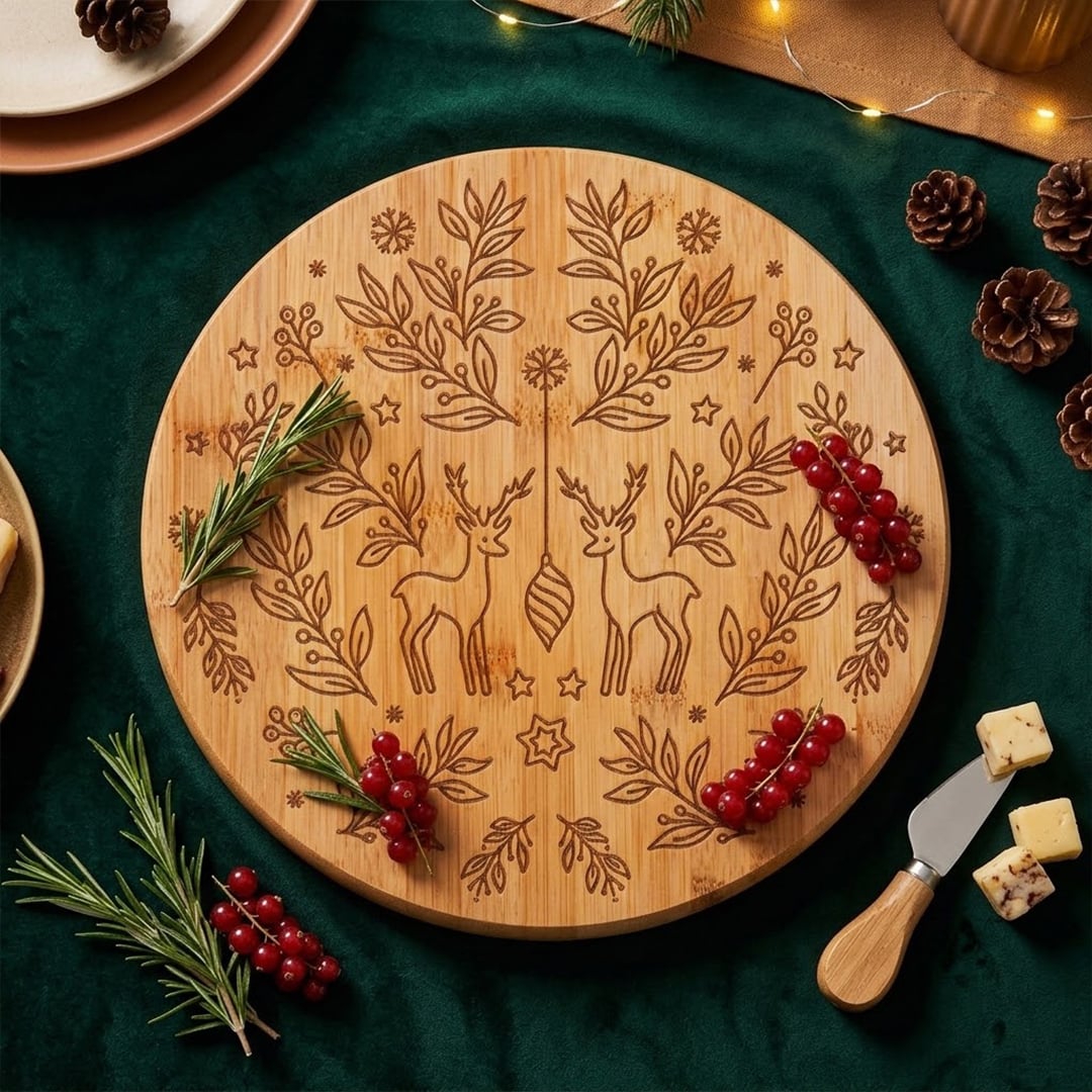 Reindeer Christmas Round Bamboo Serving Board 30cm