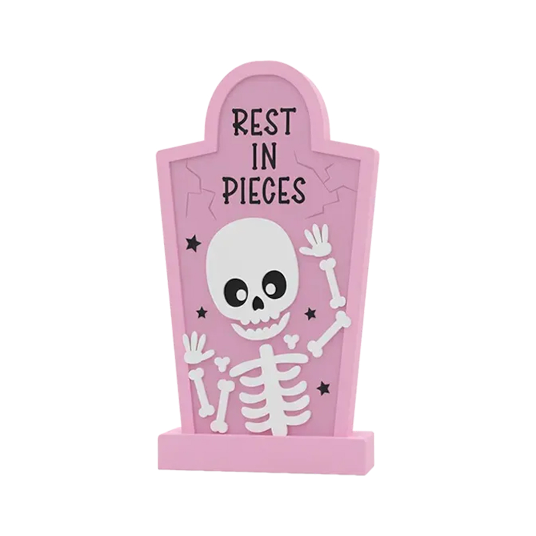 Rest In Pieces Skeleton Pink Halloween Tombstone Decoration 18.5cm