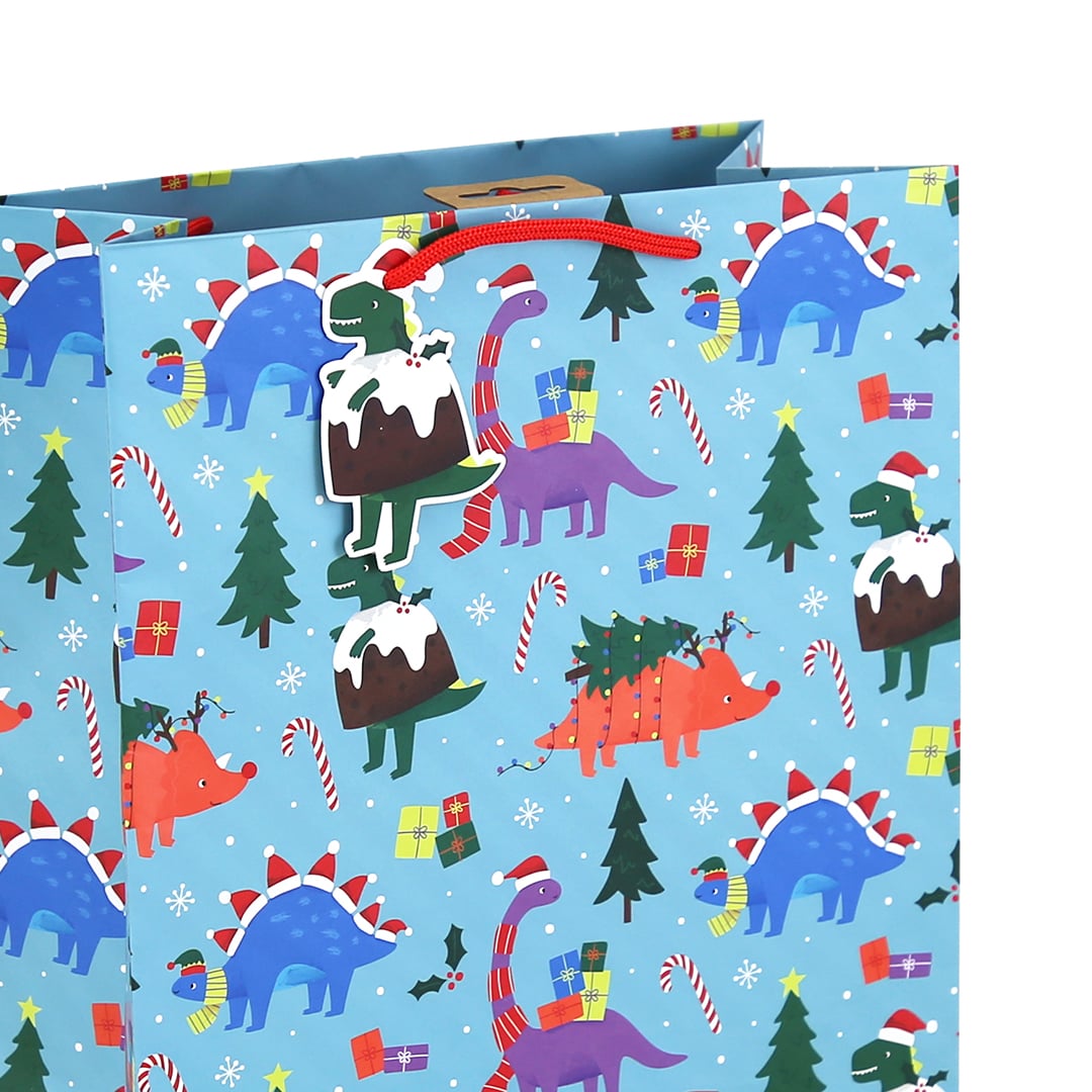 Roarsome Dinosaur Christmas Large Blue Gift Bag 33cm Product Gallery Image