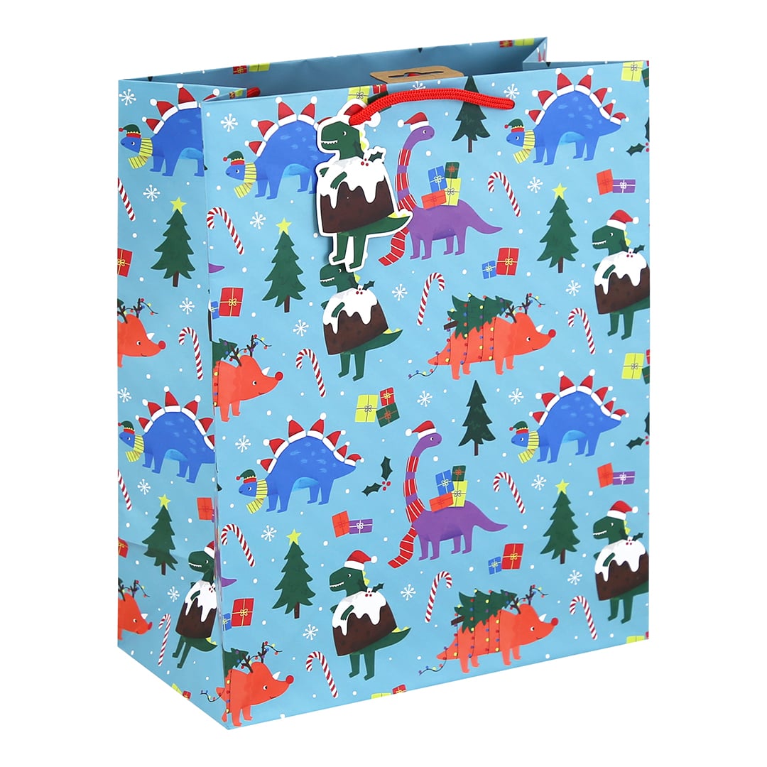 Roarsome Dinosaur Christmas Large Blue Gift Bag 33cm