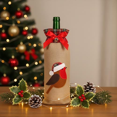 Robin & Tartan Natural Hessian Christmas Bottle Gift Bag 37cm