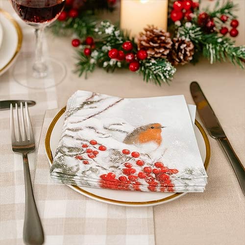 Robin In Snow Christmas Premium Decoupage Paper Luncheon Napkins 33cm 3 Ply - Pack of 20