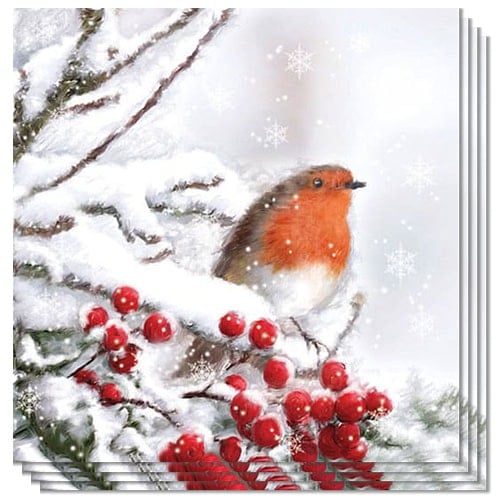 Robin In Snow Design Premium Decoupage Luncheon Napkins 3 Ply - 33cm - Pack of 20 Product Image