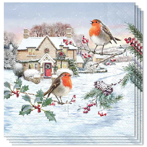 Robins in Snowy Village Christmas Paper Luncheon Napkins 3 Ply 33cm - Pack of 20 View 2