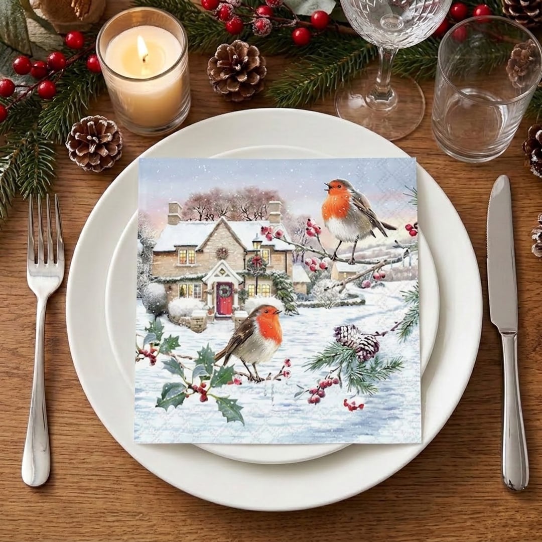 Robins in Snowy Village Christmas Paper Luncheon Napkins 3 Ply 33cm - Pack of 20