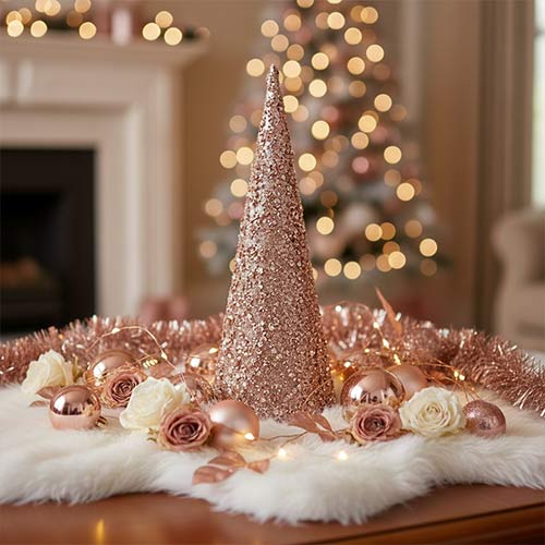 Rose Gold Glitter & Pearl Christmas Tree Ornament 25cm