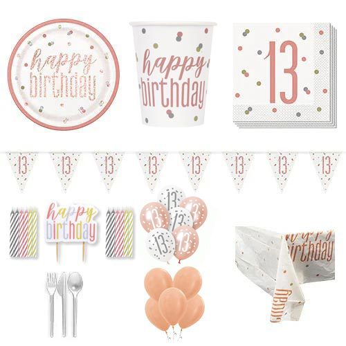 Rose Gold Glitz 13th Birthday 16 Person Deluxe Party Pack