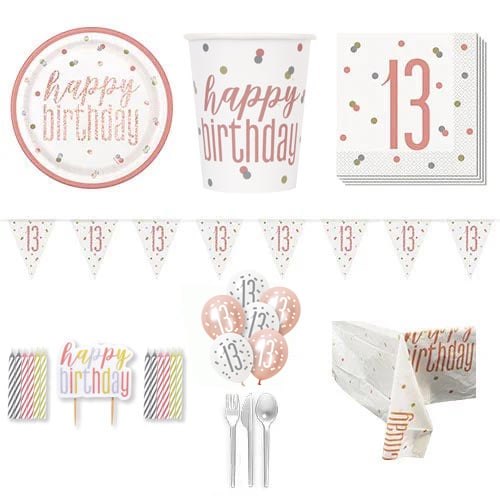Rose Gold Glitz 13th Birthday 8 Person Deluxe Party Pack