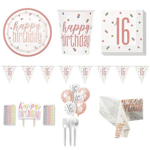 Rose Gold Glitz 16th Birthday 8 Person Deluxe Party Pack