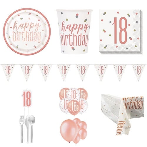 Rose Gold Glitz 18th Birthday 16 Person Deluxe Party Pack