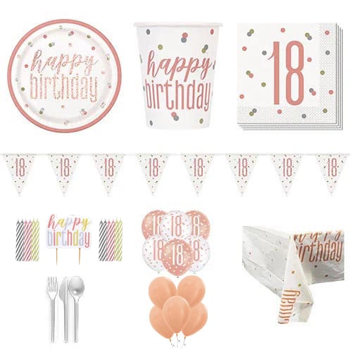 Rose Gold Glitz 18th Birthday 16 Person Deluxe Party Pack