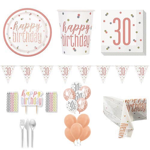 Rose Gold Glitz 30th Birthday 16 Person Deluxe Party Pack