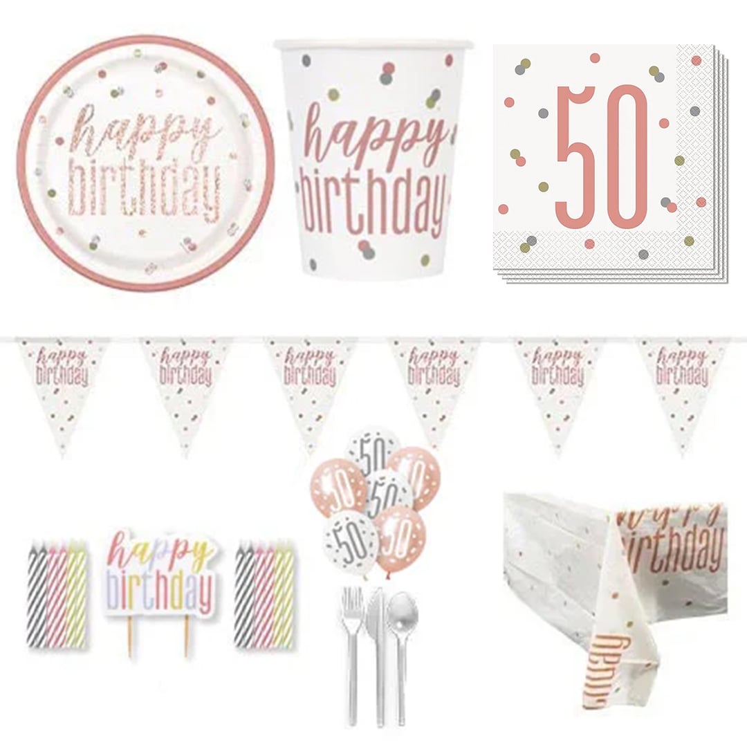 Rose Gold Glitz 50th Birthday 8 Person Deluxe Party Pack