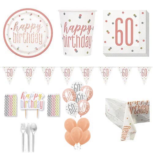 Rose Gold Glitz 60th Birthday 16 Person Deluxe Party Pack