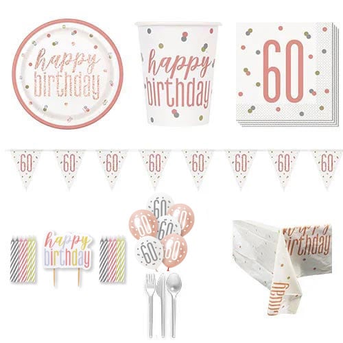 Rose Gold Glitz 60th Birthday 8 Person Deluxe Party Pack