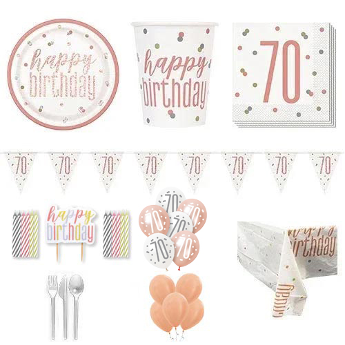 Rose Gold Glitz 70th Birthday 16 Person Deluxe Party Pack