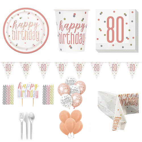 Rose Gold Glitz 80th Birthday 16 Person Deluxe Party Pack