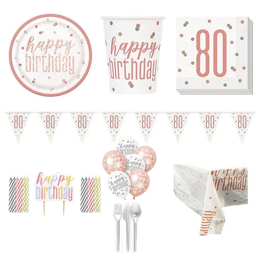 Rose Gold Glitz 80th Birthday 8 Person Deluxe Party Pack