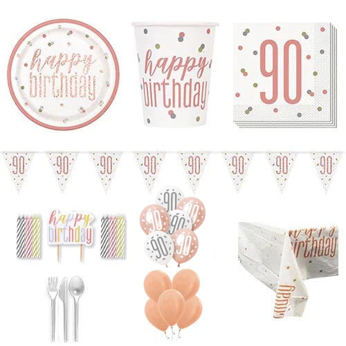 Rose Gold Glitz 90th Birthday 16 Person Deluxe Party Pack