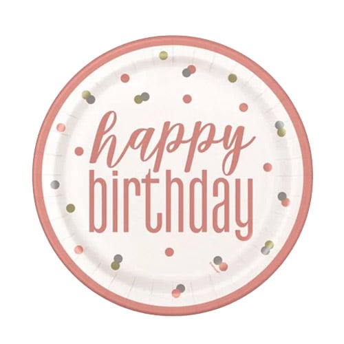 Rose Gold Glitz Foil Birthday Round Paper Plates 22cm - Pack of 8