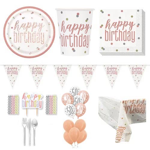 Rose Gold Glitz 50th Birthday 16 Person Deluxe Party Pack