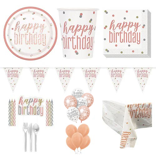 Rose Gold Glitz Happy Birthday 16 Person Deluxe Party Pack