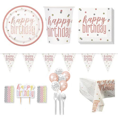 Rose Gold Glitz Happy Birthday 8 Person Deluxe Party Pack