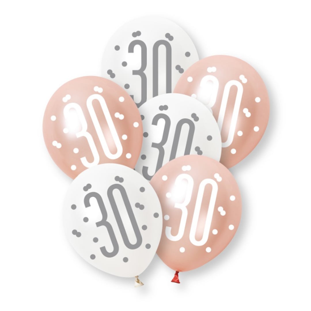 Rose Gold Glitz Platinum & Pearl 30th Birthday Latex Balloons 30cm / 12 in - Pack of 6