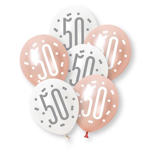 Rose Gold Glitz Platinum & Pearl 50th Birthday Latex Balloons 30cm / 12 in - Pack of 6