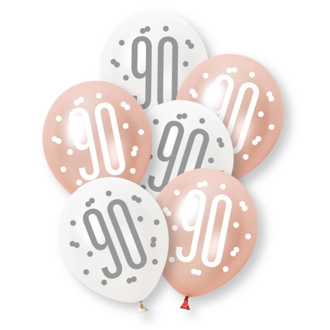 Rose Gold Glitz Platinum & Pearl 90th Birthday Latex Balloons 30cm / 12 in - Pack of 6