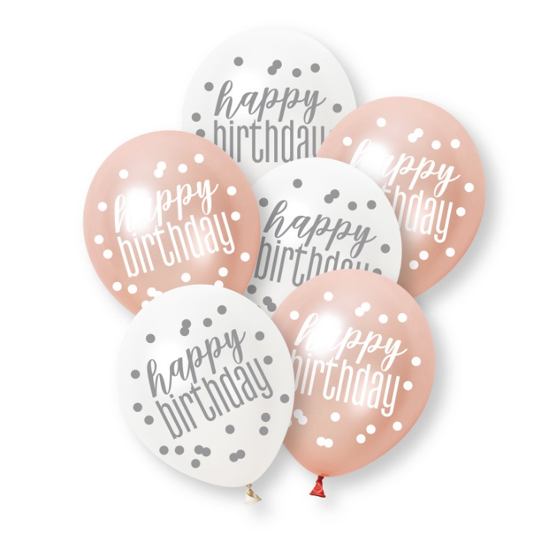 Rose Gold Glitz Platinum & Pearl Happy Birthday Latex Balloons 30cm / 12 in - Pack of 6