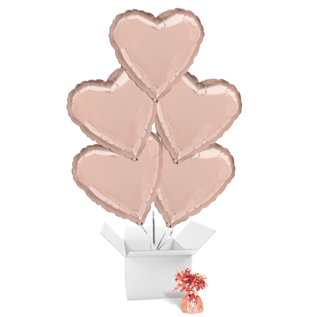 Rose Gold Heart Foil Helium Balloon Bouquet - 5 Inflated Balloons In A Box