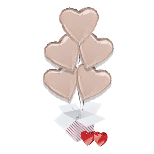 Rose Gold Heart Foil Helium Valentine's Day Balloon Bouquet - 5 Inflated Balloons In A Box Product Image