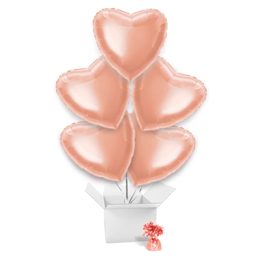 Rose Gold Heart Shape Foil Helium Balloon Bouquet - 5 Inflated Balloons in a Box