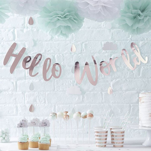 Rose Gold Hello World Baby Arrival Foiled Cardboard Letter Banner 150cm Product Gallery Image