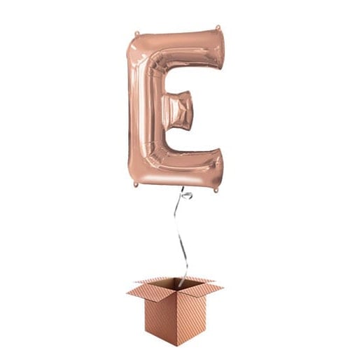 Rose Gold Letter E Helium Foil Giant Balloon - Inflated Balloon in a Box Product Gallery Image