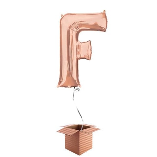 Rose Gold Letter F Helium Foil Giant Balloon - Inflated Balloon in a Box Product Image